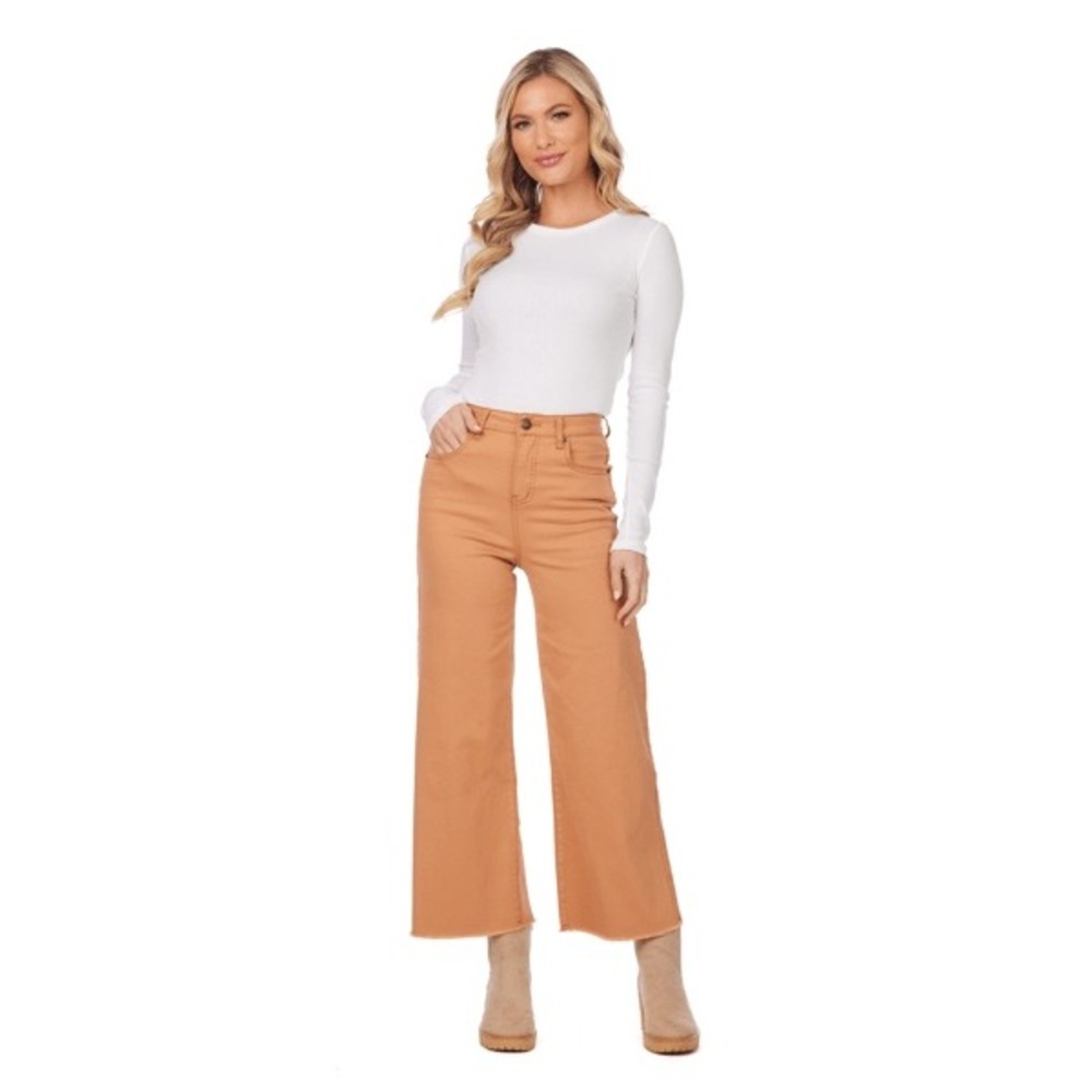 Mud Pie Crawford‎ High Rise Wide Leg Raw Hem Cropped Pants Brown | Small